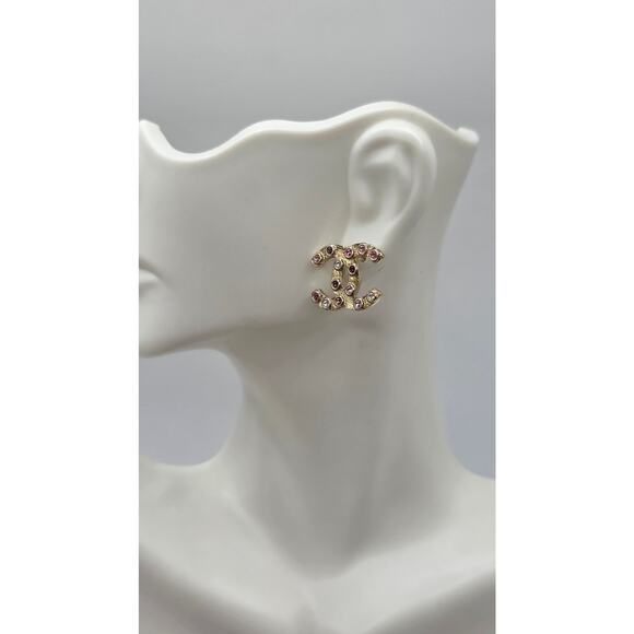 Chanel Gold-tone Pink Strass Interlocking CC Stud Earrings - Picture 13 of 13